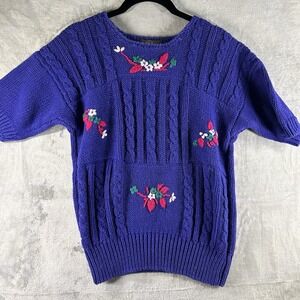 VTG Yarn Works Sweater Women's L Short Sleeve Crewneck Purple/Blue Floral Knit‎